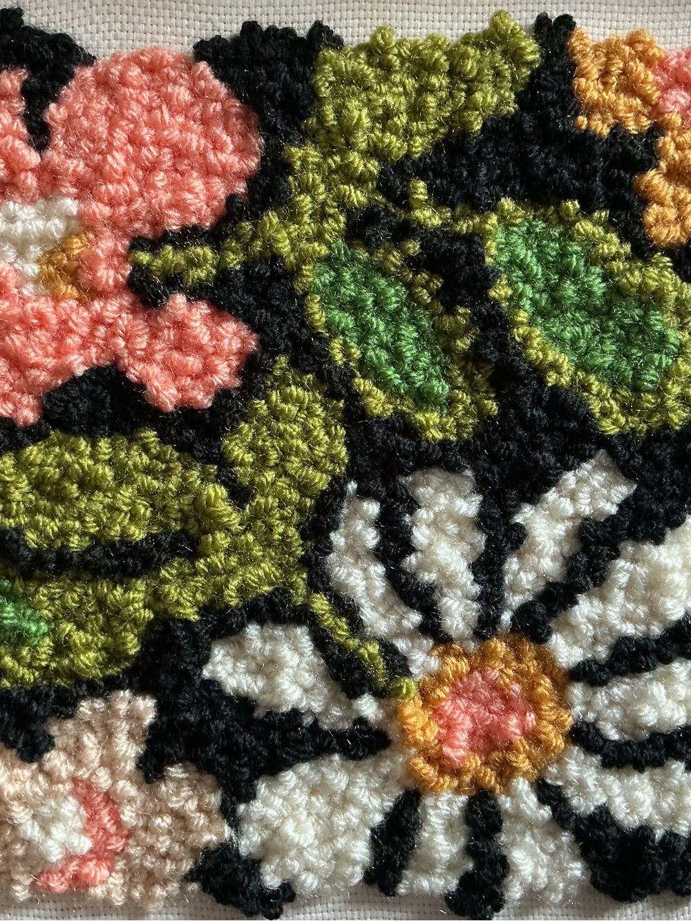 Handcrafted Floral Hooked Rug Art in Black, Green, White, Pink, punch needle